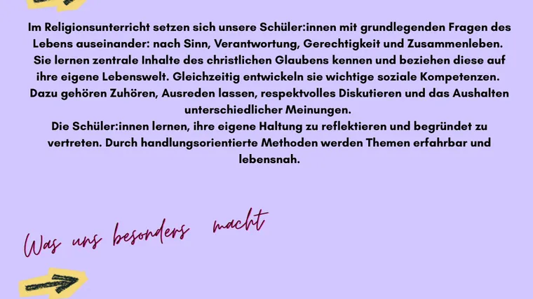 Textgrafik: Das lernen unsere Schüler*innen und Was uns besonders macht