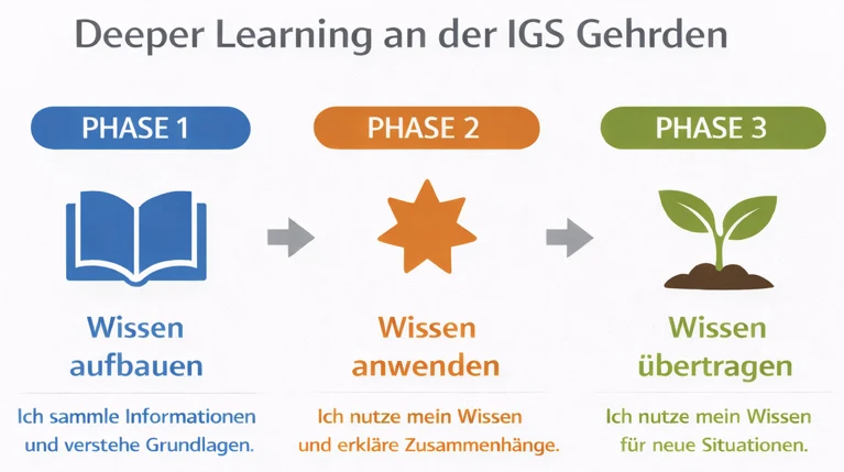 Deeper Learning an der IGS Gehrden: Phase 1 Wissen aufbauen, Phase 2 Wissen anwenden, Phase 3 Wissen übertragen