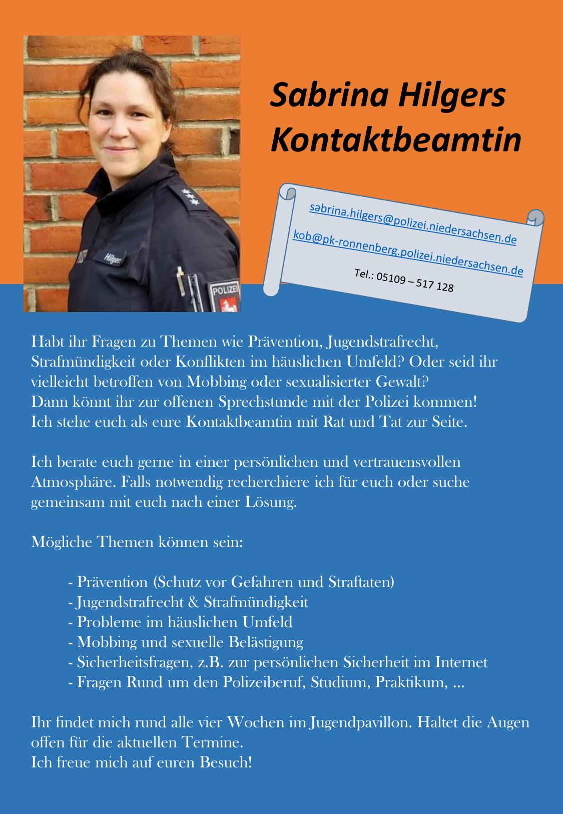 Vorstellungsschreiben der Kontaktbeamtin Sabrina Hilgers mit Foto, Kontaktdaten und möglichen Themen